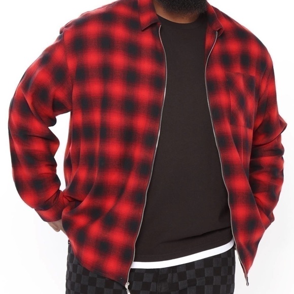 September Long Sleeve Zipper Flannel Shirt-Black/Red - Picture 4 of 7